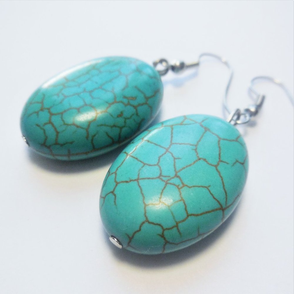 Earrings Natural Turquoise Dangle Oval Jewerly - Picture 6 of 7